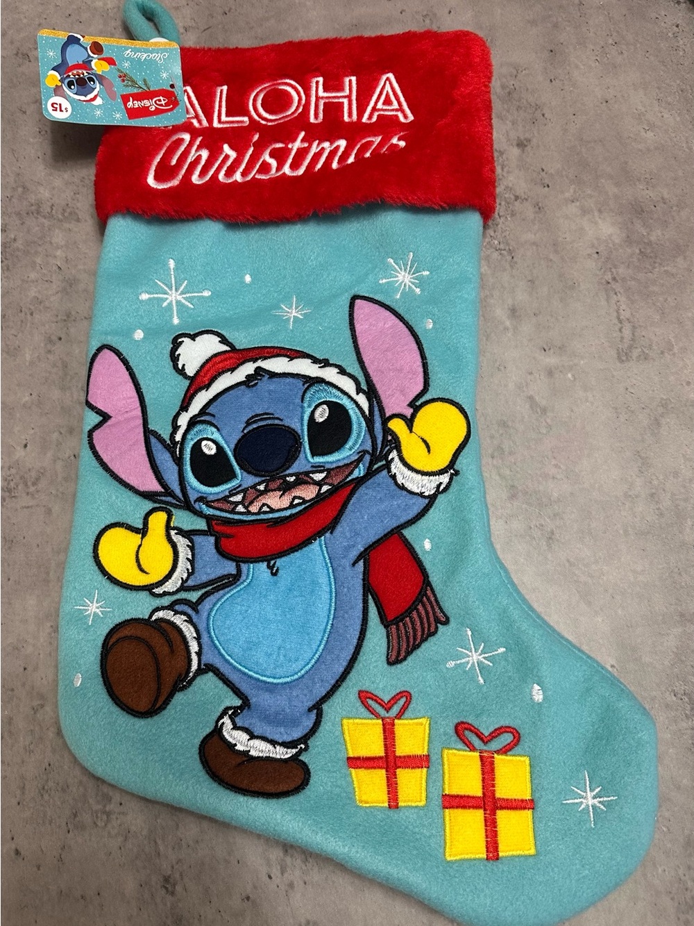 Disney Blue Stitch 'Aloha Christmas' Holiday Stocking with Red Cuff